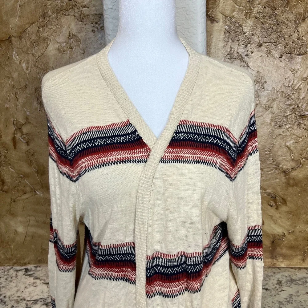 Eddie‎ Bauer Cardigan Sweater Womens XL Cream Striped Open Front Cotton Light